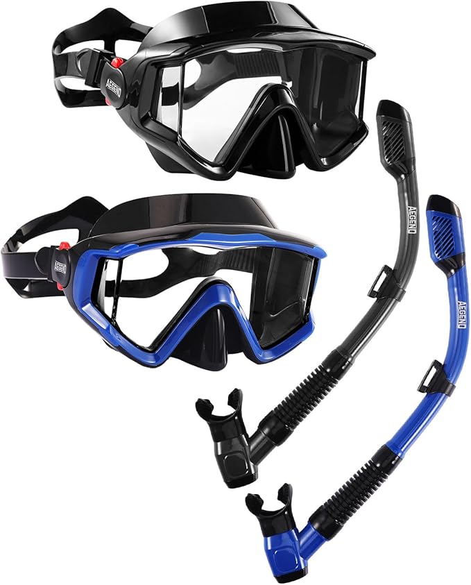 Aegend Snorkeling Gear for Adults Youth Kids, Dry Snorkel Set Panoramic View Enhanced Anti-Leak and Anti-Fog Technology, Adjustable Strap for Snorkeling Scuba Diving Swimming with Mesh Bag