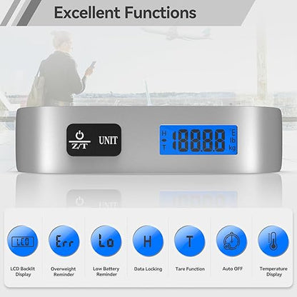 Luggage Scale Dr.meter Travel Essentials Luggage Weight Scale Backlight LCD Display 110lb/50kg Electronic Balance Digital Postal Travel Accessories with Rubber Paint Handle Temperature Sensor Silver