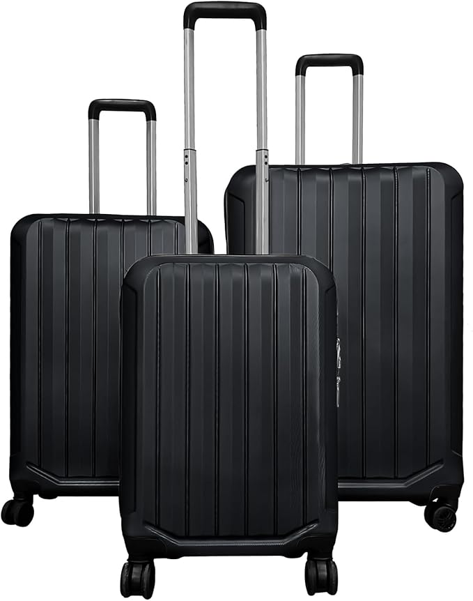 GYMAX Luggage Sets 3 Pieces Hardside Suitcase with Spinner Wheels & Lock, 20” Carry On, 24” & 28” Checked Luggage Set, Lightweight Portable for Travel, Business (Black,Vertical Stripe)
