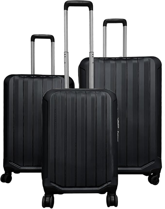 GYMAX Luggage Sets 3 Pieces Hardside Suitcase with Spinner Wheels & Lock, 20” Carry On, 24” & 28” Checked Luggage Set, Lightweight Portable for Travel, Business (Black,Vertical Stripe)