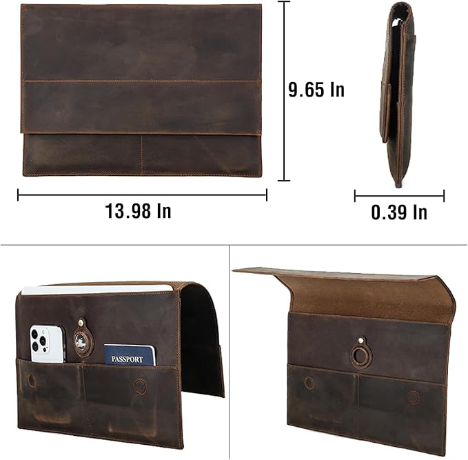 Top Grain Leather 14.2" Slim Laptop Sleeve Bag, Magnet Clasp Closure Design & 3 Pockets & AirTag Holder, Fully Handmade, Fits MacBook Pro/Air 14.2"/13.3"/Cellphone/Passport, Coffee 14.2 Inch