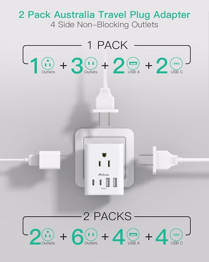 2 Pack Australia New Zealand Power Plug Adapter, Australia Travel Adapter with 4 American Outlets 4 USB Charging Ports (4 USB C), Type I Plug Adapter for US to Australia, Argentina, China