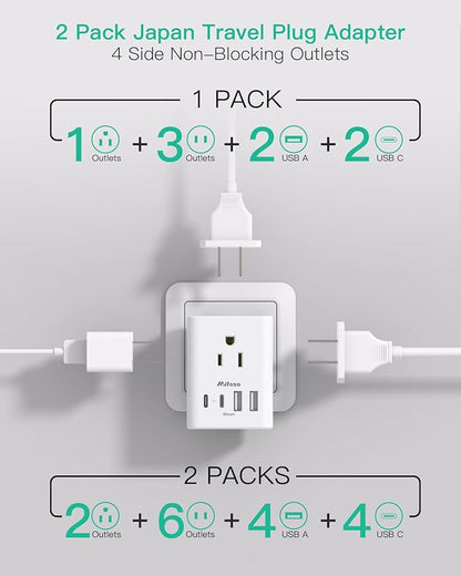 2 Pack US to Japan Plug Adapter, Japan Power Travel Adapter with 4 Outlets 4 USB Ports(2 USB C), Type A Travel Power Converter Plug Adaptor for USA to Japanese China Canada Mexico Philippines Peru