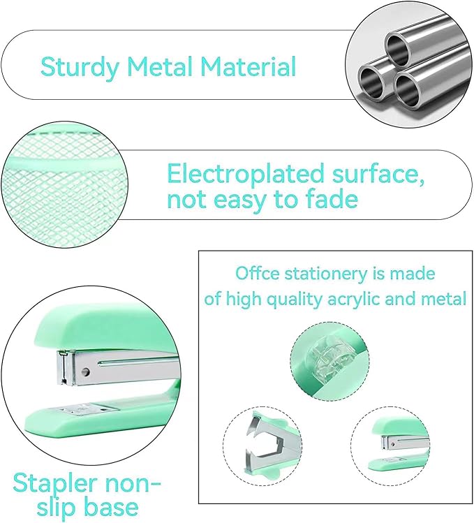 Green Desk Accessories, Pink Office Supplies Set with Stapler, Tape Dispenser, Staple Remover, Pen Holder, Scissor, Binder/Paper Clips, Ballpoint Pen, Clear Tape and 1000pcs Staples