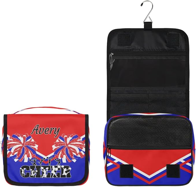Custom Name Toiletry Bag Travel Bag with Hanging Hook, Makeup Cosmetic Bag Travel Full Sized Container Organizer for Shampoo, Toiletries. Red Royal Blue Black Cheerleader Silhouette