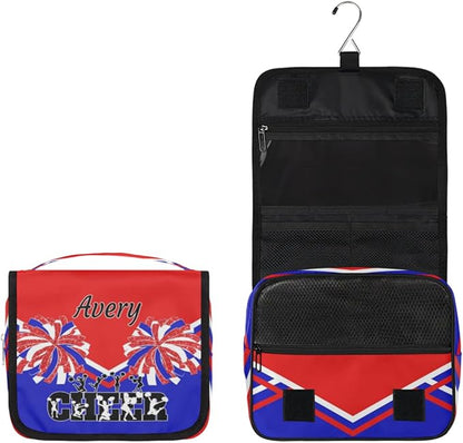 Custom Name Toiletry Bag Travel Bag with Hanging Hook, Makeup Cosmetic Bag Travel Full Sized Container Organizer for Shampoo, Toiletries. Red Royal Blue Black Cheerleader Silhouette