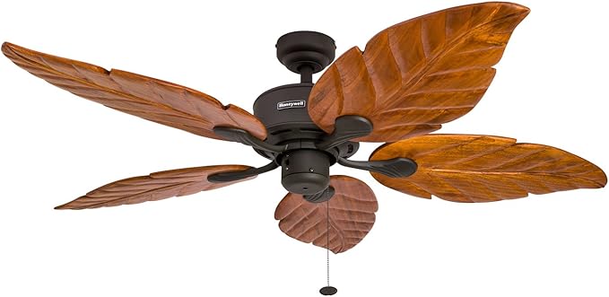 Honeywell Ceiling Fans Sabal Palm, 52 Inch Tropical LED Ceiling Fan with Light, Pull Chain, Dual Mounting Options, Hand Carved Solid Wood Blades - 50204-01 (Bronze)