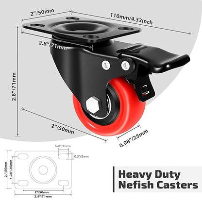 Nefish 2 Inch Heavy Duty Casters Wheels (16 Pack), Top Plate Castor Wheels with Brake, 360 Degree Durable Locking Swivel Cabinet Wheels, No Noise Polyurethane Wheels for Cart, Workbench