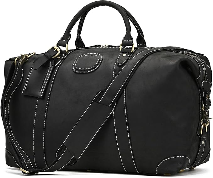 Full-grain Genuine Leather Travel Bag Large Capacity Luggage Duffel Bag for Men Shoulder Handbag Holiday Business Trip Bag, Black