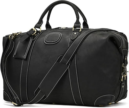 Full-grain Genuine Leather Travel Bag Large Capacity Luggage Duffel Bag for Men Shoulder Handbag Holiday Business Trip Bag, Black