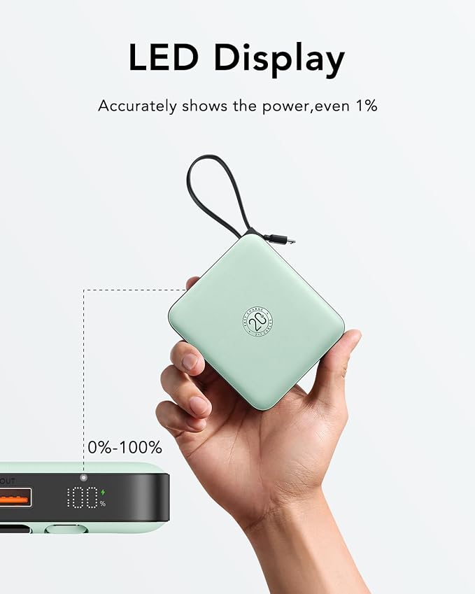 VRURC Portable Charger USB C, Power Bank with Built-in Cable, 10000mAh 20W Battery Pack for iPhone 16 15 14 Samsung Galaxy S23 S22 Google, Note 20, Pixel, Moto, LG Android Phone, Green(1 Pack)