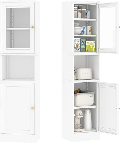 Tall Narrow Storage Cabinet - 67" Slim Bathroom Organizer with 3 Adjustable Shelves, 2 Doors (Left/Right Opening),Metal Floor Cabinet for Small Spaces, Bathroom & Kitchen (Glass, White)