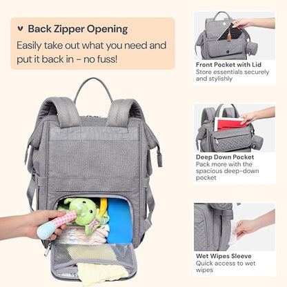 BabbleRoo Diaper Bag Backpack, Multifunction Large Bags with Changing Pad & Stroller Straps & Pacifier Case, Unisex Stylish Travel Back Pack Nappy Changing Bag for Moms Dads (gray)