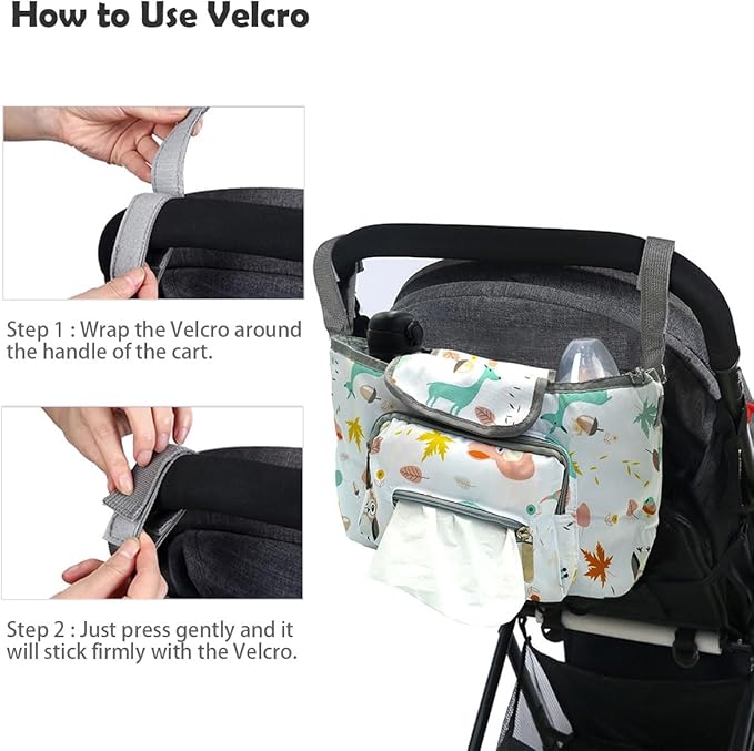Universal Stroller Organizer with Cup Holder, Animal Patterns Stroller Bag Caddy Organizer, Large Capacity Stroller Caddy with Detachable Shoulder Strap