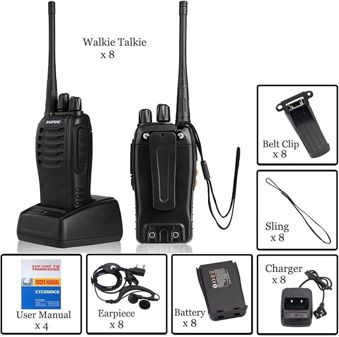 Baofeng Walkie Talkies for Adults Rechargeable bf-888s Two-Way Radios Long Range Interphone Handheld Communicator Professional UHF 8 Pack Walky Talky Set with Earpiece,Li-ion Battery and Charger