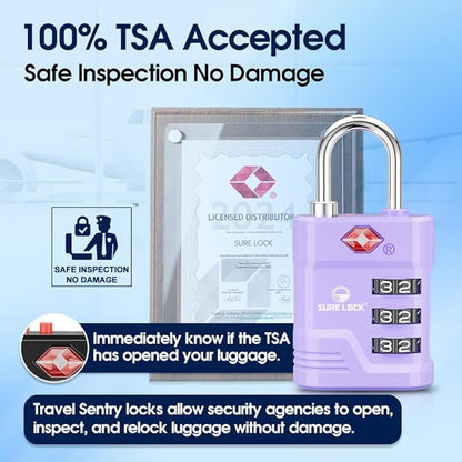 SURE LOCK TSA Locks for Luggage, TSA Approved Luggage Locks with Open Alert, 008 Key for High Security, Easy Read Dials, Zinc Alloy Body, Locker Lock for Suitcase, Gym, Travel. (Purple 4 pk)
