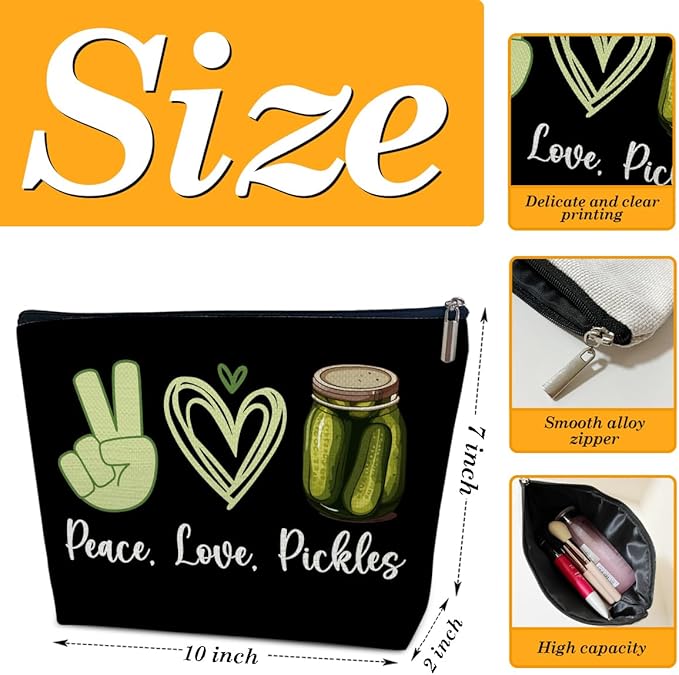 Pickle Lover Gift for Women Makeup Bag, Peace Love Pickles, Pickle Gifts for Women, Funny Birthday Gift for Sister, Teen,Bestie,Daughter, Niece, Pickle Makeup Travel Toiletry Bag