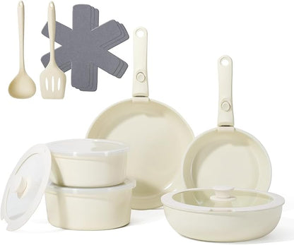 Pots and Pans Non Stick,16Pcs Ceramic Nonstick Cookware Sets, Induction Kitchen Set with Removable Handle, Cooking Frying Pans & Saucepans(PFOS, PFOA Free), Oven/Dishwasher/Fridge Safe, Space Saving