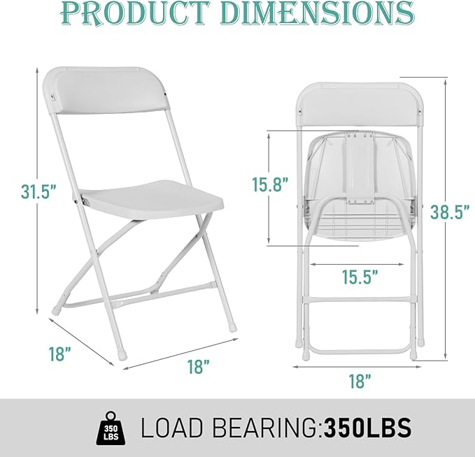 40 Pack White Plastic Folding Chairs, Portable Stackable Commercial Party Folding Chairs with Steel Frame 350lbs for Home Office Outdoor Indoor Office Wedding Party Events