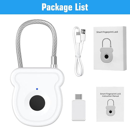 Smart Fingerprint Padlock for Luggage - 20 User Capacity, USB Key & Emergency Code, Keyless Biometric Lock for Gym Locker, Suitcase, Backpack, Toolbox & Handbag (White)