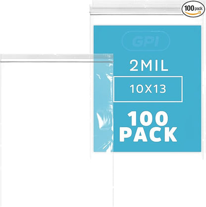 GPI - 10" x 13" Zip Bags, 100 Count, Clear Plastic Reclosable Zipper Poly Baggies, with Resealable Zip Top Lock. for Freezer, Apparel, Clothing, Food, Home & Office Supplies.