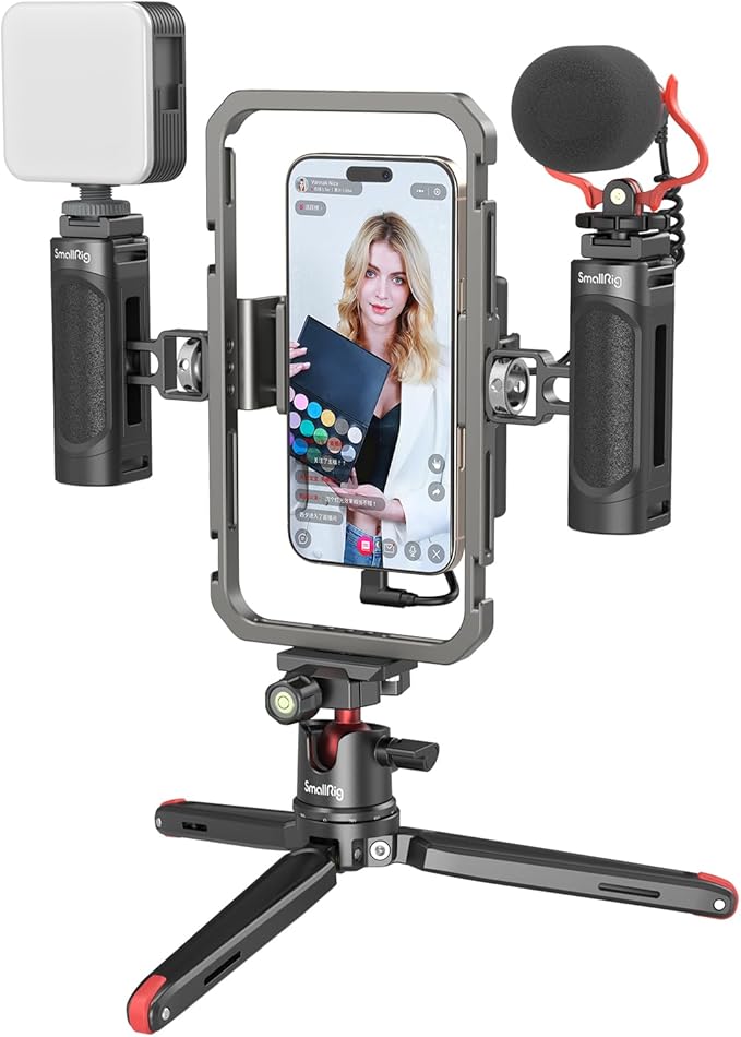SmallRig Universal Phone Video Rig Kit for iPhone, Smartphone and Cameras, Phone Stabilizer Rig w/Tripod Microphone LED Light Side Handle Power Bank Holderm, for Vlogging & Live Streaming