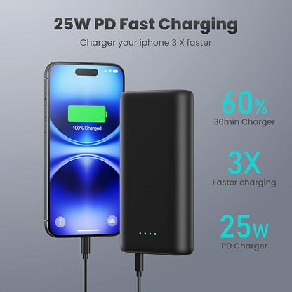 Upgraded Portable Charger 40800mAh Power Bank - Portable Battery with 2 Built in Cables,PD 25W USB C Fast Charging Battery Pack Compatible with iPhone 17 16 15 14 13 Android Phone etc-Black