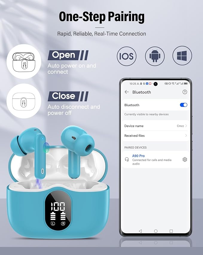 Btootos Wireless Earbuds, Bluetooth 5.4 Headphones Bass Stereo, Ear Buds with Noise Cancelling Bluetooth Earbuds 36H Classic Ice Blue
