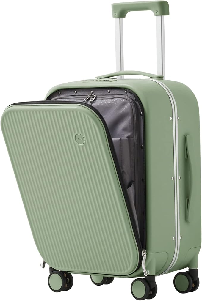 mixi Carry On Luggage, 20'' Suitcases with Spinner Wheels, Rolling Travel Suitcase with Front Laptop Pocket Luggage Aluminum Frame PC Hardside with TSA Lock and Cover, Avocado Green