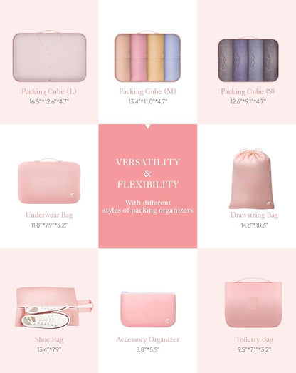 HOTOR Packing Cubes for Suitcases - 8 Pieces, Light Packing Cubes for Travel, Premium Suitcase Organizer Bags Set, Space-Saving Luggage Organizers, Travel Accessories and Essentials, Pink