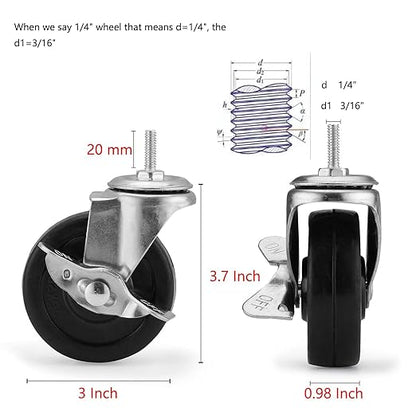 3-Inch Casters,Shelving Wheels, Wire Shelving Replacement Wheels Set of 4, Threaded Stem Rubber Casters (Screw Diameter 1/4"- 20) for Wire Shelves Rack Legs with 3/4" Posts