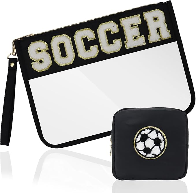 2 Pcs Soccer Gifts Cosmetic Makeup Bag with Chenille Letter Patch,with Handles PVC Waterproof Clear Makeup Bag,Portable Toiletry Storage Bag,Players & Fans Birthday, Team or Sports Lover Presents