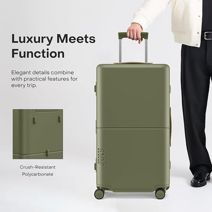 Checked Trunk - 26.8" Zipperless Airline Approved Check In Luggage with Wheels, 80/20 Opening Spinner Suitcase - TSA Lock Rolling Suitcase, Spinner Wheels, Y-Strap - Matte Moss Green