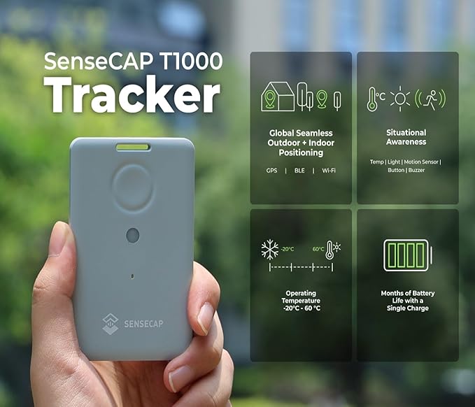 seeed studio T1000-A GPS Tracker with Temp, Light, Motion Sensor, LoRaWAN, Bluetooth and Wi-fi Transmission, Bluetooth, Wi-fi, Panic Button and Buzzer, GNSS, 6.5mm Card Size, IP65 Waterproofing