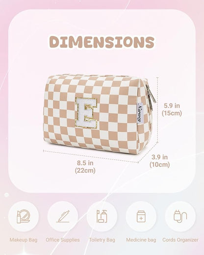 Narwey Birthday Gifts for Women Teen Girls Kids Personalized Initial Checkered Makeup Bag Cute Cosmetic Bag Trendy Stuff 6 8 10 11 12 13 14 16 18 Years Old Travel Toiletry Bag (Brown Letter E)