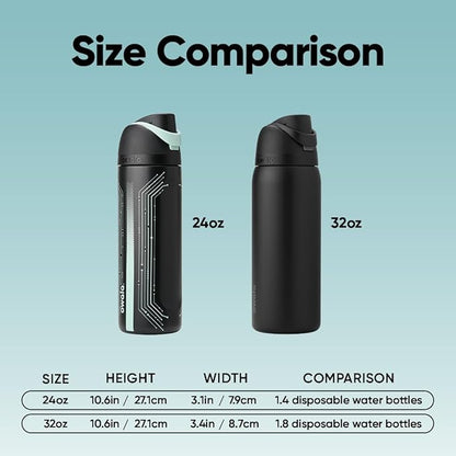 Owala TRON FreeSip Insulated Stainless Steel Glow in the Dark Water Bottle with Straw for Sports and Travel, BPA-Free, 24 oz, Black