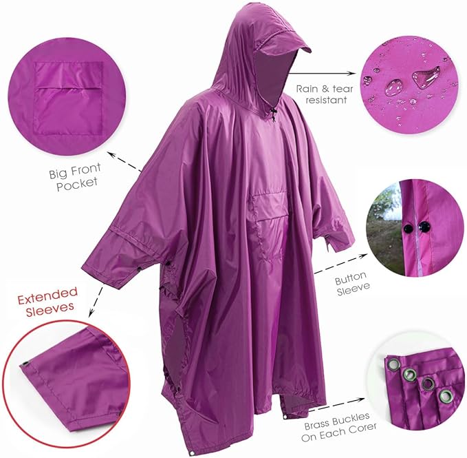 Cosmine Hooded Rain Poncho for Adult with Pocket, Waterproof Lightweight Unisex Raincoat Jacket for Hiking Camping Emergency