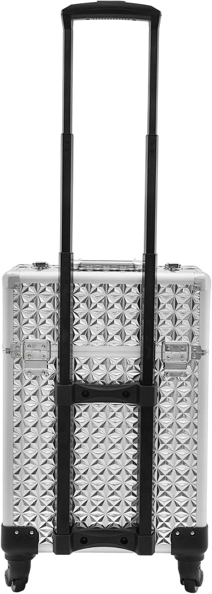 Rolling Makeup Train Case,Multi-functional Cosmetic Trolley with 360° Swivel Wheels Keys,Salon Barber Case Traveling Cart for Nail Technicians Hairstylist (Sliver)