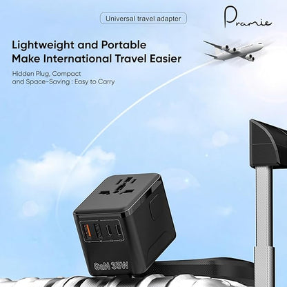 Universal Travel Adapter, GaN 35W International Plug Adapter with 2 Type C & 2 USB and 1 Quick Charging Port Type C, All in One Worldwide Travel Plug Adapter, Available Plugs for EU/UK/AUS/US, Black