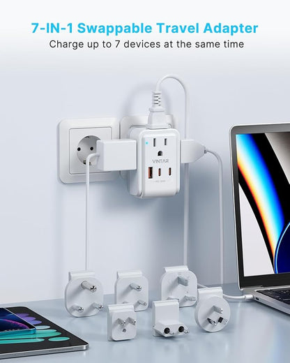 Universal Travel Adapter Kit, VINTAR 35W 5FT Detachable Extension Cord with 4 AC and 3 USB Ports(2 USB-C), Type A, C, D, G, I, M International Power Adapter for EU/India/South Africa