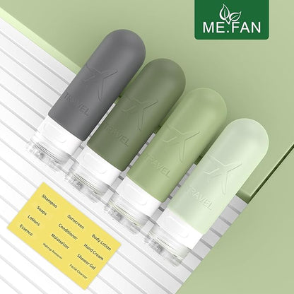 ME.FAN Travel Bottles for Toiletries, TSA Approved 3oz Travel Size Containers, Silicone Squeezable Portable Split Bottle, Travel Accessories for Conditioner, Shampoo, Lotion- 4 Pack Desert Sage