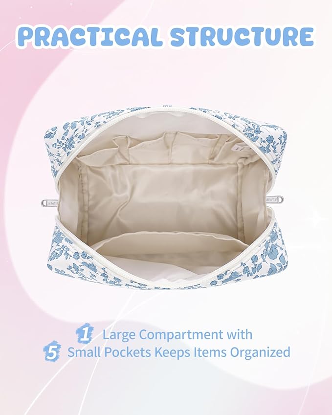 Narwey Birthday Gifts for Teen Girls Kids Women Personalized Initial Floral Makeup Bag Cute Cosmetic Trendy Stuff 6 8 10 11 12 13 14 16 18 Years Old Travel Toiletry Bag (Little Blue Flower J)