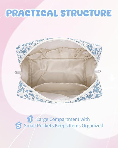 Narwey Birthday Gifts for Teen Girls Kids Women Personalized Initial Floral Makeup Bag Cute Cosmetic Trendy Stuff 6 8 10 11 12 13 14 16 18 Years Old Travel Toiletry Bag (Little Blue Flower T)