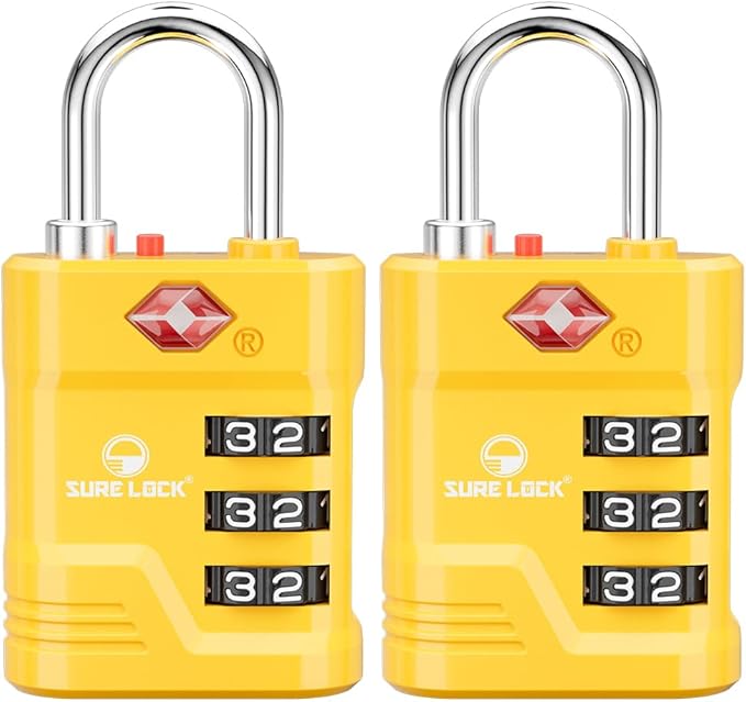 SURE LOCK TSA Locks for Luggage, TSA Approved Luggage Locks with Open Alert, 008 Key for High Security, Easy Read Dials, Zinc Alloy Body, Locker Lock for Suitcase, Gym, Travel(Yellow 2 pk)
