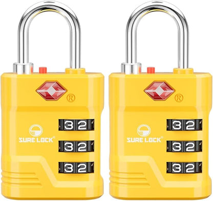 SURE LOCK TSA Locks for Luggage, TSA Approved Luggage Locks with Open Alert, 008 Key for High Security, Easy Read Dials, Zinc Alloy Body, Locker Lock for Suitcase, Gym, Travel(Yellow 2 pk)