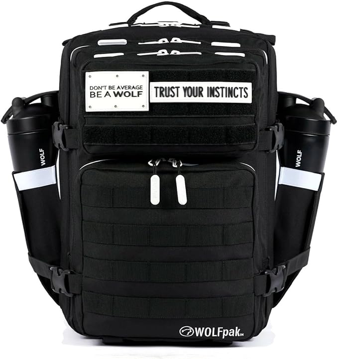 WOLFpak 35L Athletic Gym Backpack - Durable 1000D Waterproof Oxford Material with MOLLE Webbing, Laptop Pocket & Dual Cup Holders, Durable Fitness/Travel/Military Daypack (Alpha Black White Accents)