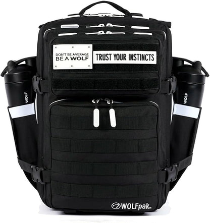 WOLFpak 35L Athletic Gym Backpack - Durable 1000D Waterproof Oxford Material with MOLLE Webbing, Laptop Pocket & Dual Cup Holders, Durable Fitness/Travel/Military Daypack (Alpha Black White Accents)
