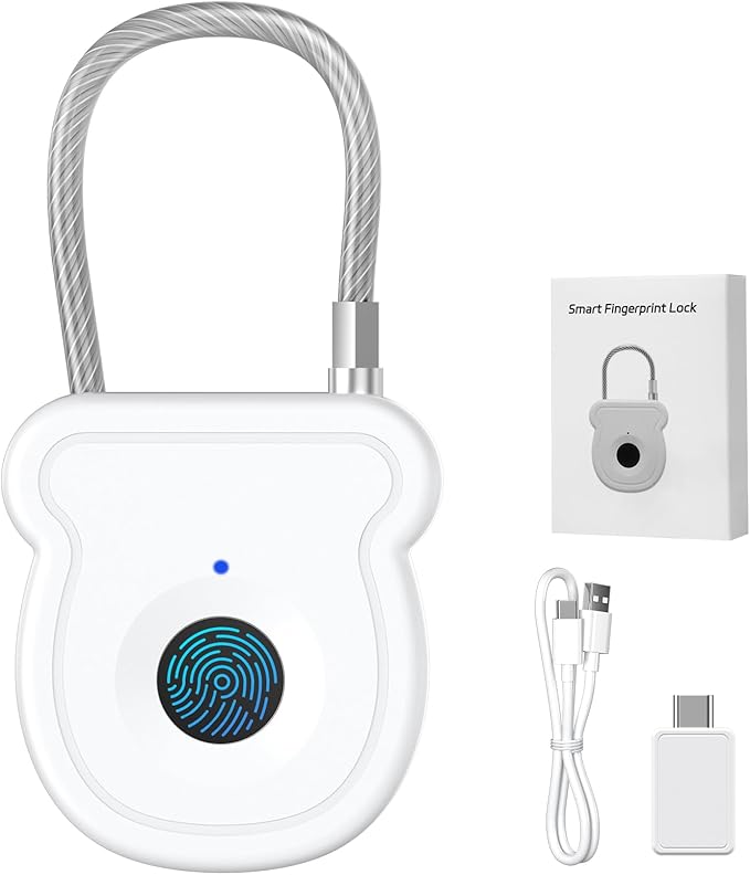 Smart Fingerprint Padlock for Luggage - 20 User Capacity, USB Key & Emergency Code, Keyless Biometric Lock for Gym Locker, Suitcase, Backpack, Toolbox & Handbag (White)