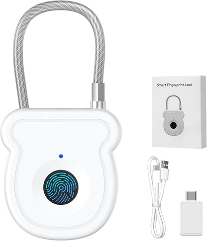 Smart Fingerprint Padlock for Luggage - 20 User Capacity, USB Key & Emergency Code, Keyless Biometric Lock for Gym Locker, Suitcase, Backpack, Toolbox & Handbag (White)