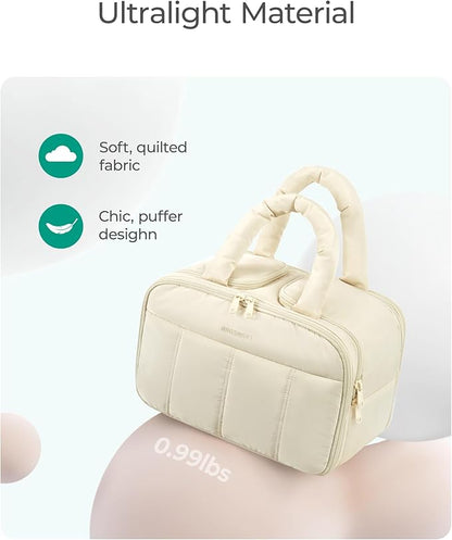 BAGSMART Travel Toiletry Bag, Puffy Large Toiletry Bag for Women, Lightweight Cosmetic Makeup Bag Organizer with Handle for Traveling, Accessories, Essentials, Toiletries (Grayish Brown)